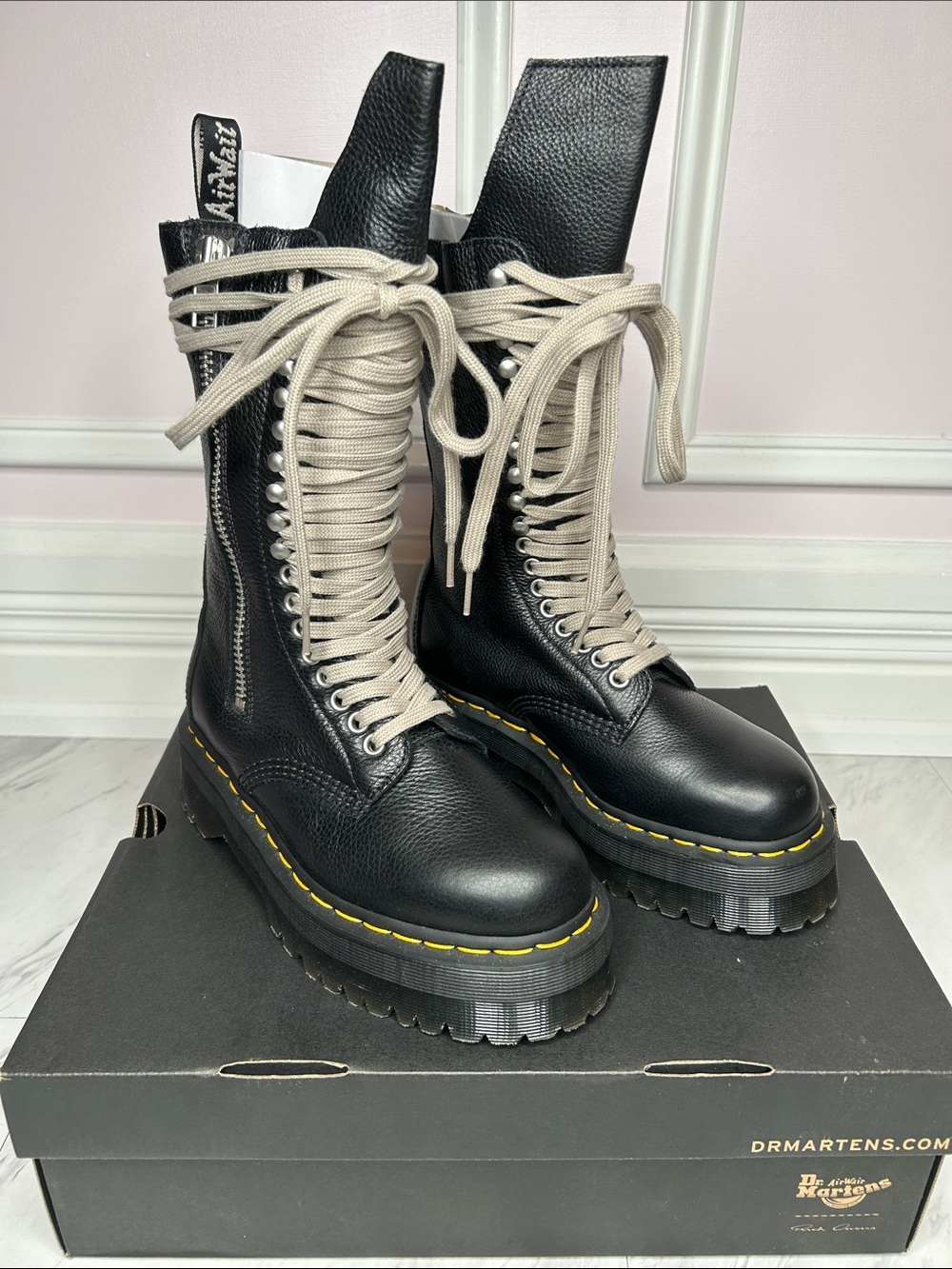 Rick Owen’s X Dr. Martens Black Leather 1918 RO Quad Sole Calf Length Boots - Picture 3 of 8